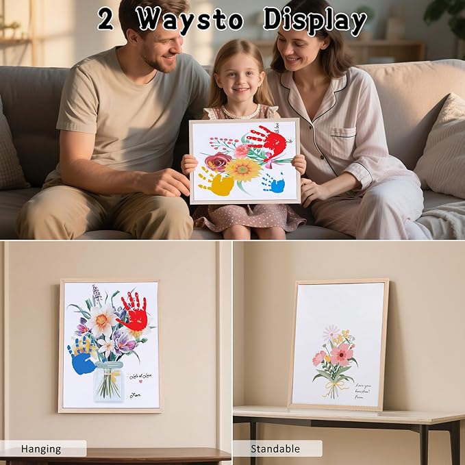 Flower Bouquet Handprint Art Craft DIY Kit, Unique Gifts for Mom & Grandma From Daughter or Son for Mother's Day Birthday, Anniversary Day, 6 Colors Non-toxic Inkpads(12" X 16", With Wood Frame)