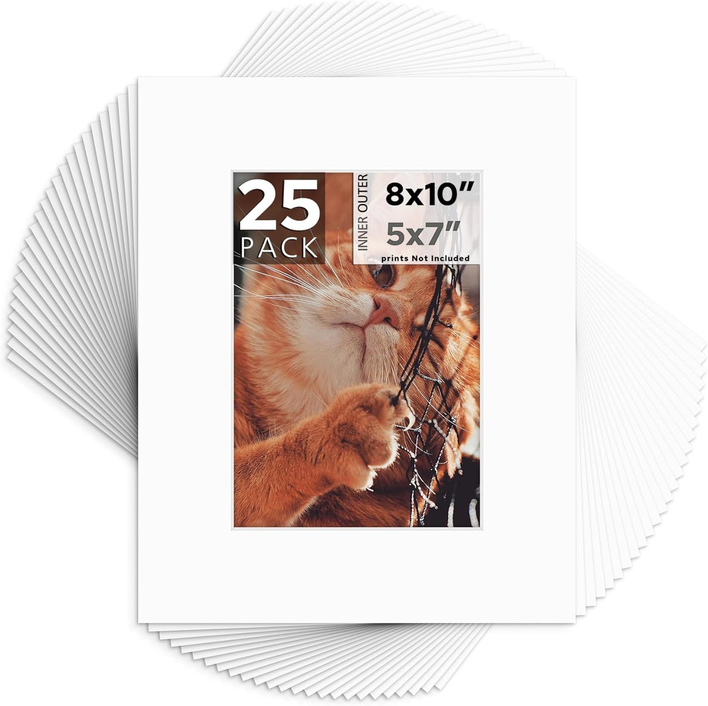 Mat Board Center, Pack of 25, 8x10 for 5x7 White Mats - Acid Free, 4-ply Thickness, White Core - for Pictures, Photos, Framing