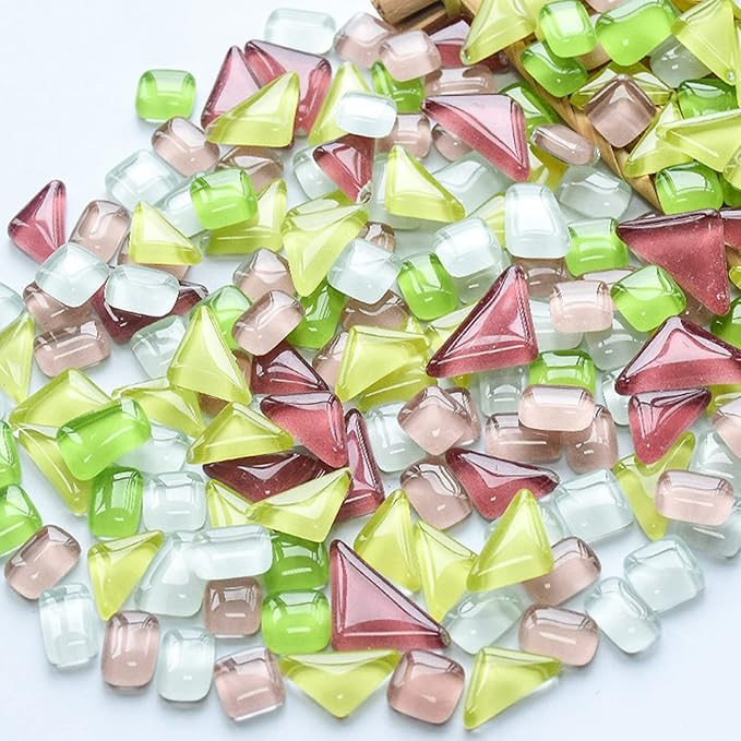 200g Mixed Color Mosaic Tiles Glass Mosaic Glass Pieces for Home Decoration or DIY Crafts, Square Triangle Rectangle, Irregular Size (Yellow Green Pink Mix)