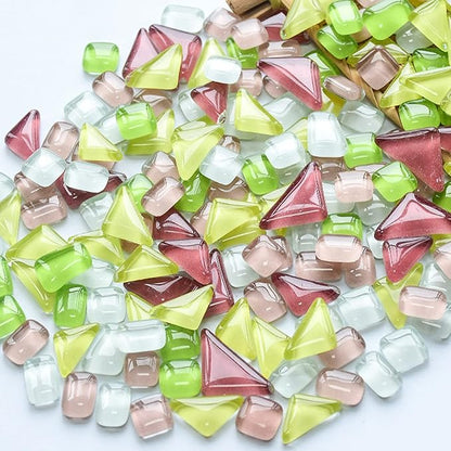 200g Mixed Color Mosaic Tiles Glass Mosaic Glass Pieces for Home Decoration or DIY Crafts, Square Triangle Rectangle, Irregular Size (Yellow Green Pink Mix)