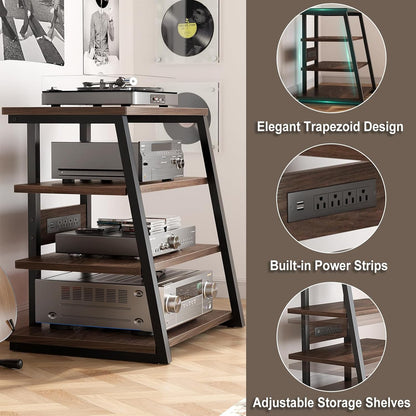Armocity 4-Tier AV Media Stand with Power Strips, Corner TV Stand with LED Lights, Rack Audio Tower with Adjustable Shelves, Corner Entertainment Center, 30'', Black Walnut