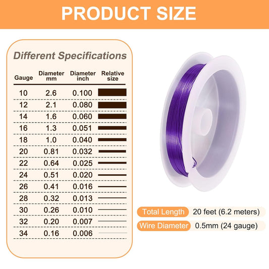 HARFINGTON 20ft Jewelry Wire, 24 Gauge (0.5mm) Brass Craft Soft Metal Tarnish Resistant Copper Beading Wire for Jewelry Making Supplies Crafting, Purple