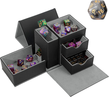 Dice Tray & Dice Tower Storage Box, 3 in 1 Dice Holder Case (Dice Rolling Tray, Dice Rolling Tower, Dice Storage Drawers), Leather Magnetic Closure DND Accessories Gifts for RPG MTG, Black/Grey