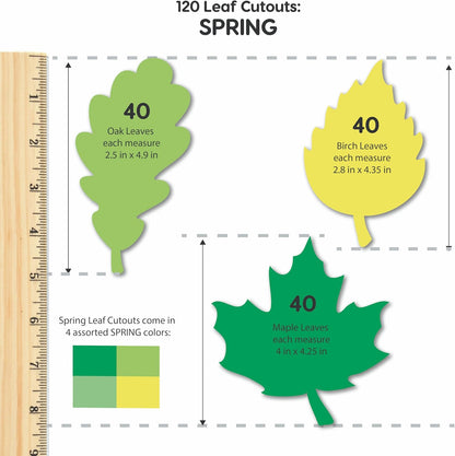 120 Pieces Spring Leaf Paper Cutouts with IDEA Guide, 2-Sided US Made Card Stock Punch Out Maple, Oak, and Birch Leaves for Bulletin Boards, Classroom Decor, Spring Crafts, DIY Scrapbook, and Posters - Crafty Corner