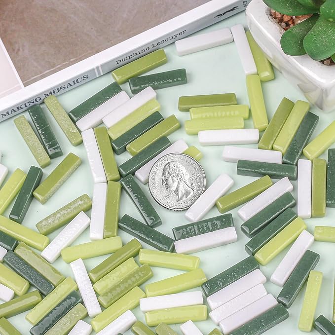 Youway Style Mosaic Tiles for Crafts Bulk,200g Green Colors Mosaic Glass Pieces,Strips Shapes Glass Tiles for DIY Crafts Art,Mosaic Supplies and Mosaic Projects (Multi-Green)