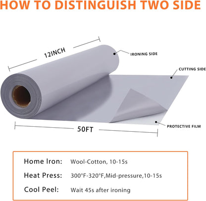 RENLITONG Grey Iron on Vinyl 12Inch by 50ft Roll HTV Heat Transfer Vinyl for T-Shirt HTV Rolls for All Cutter Machine - Easy to Cut & Weed for Heat Transfer Design