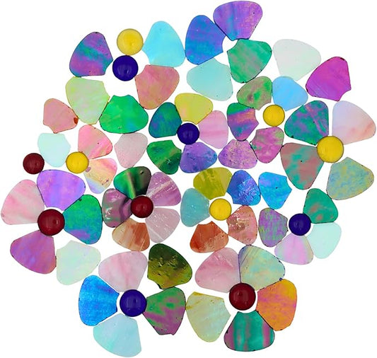 Yuvori Iridescent Flower Mosaic Tiles – 12pcs Mixed Sizes, 5-Petal Iridescent Mica Flowers with Center Beads for DIY Mosaic Art, Fairy Garden, Home Craft, Outdoor Decor (Iridescent Mixed Color)