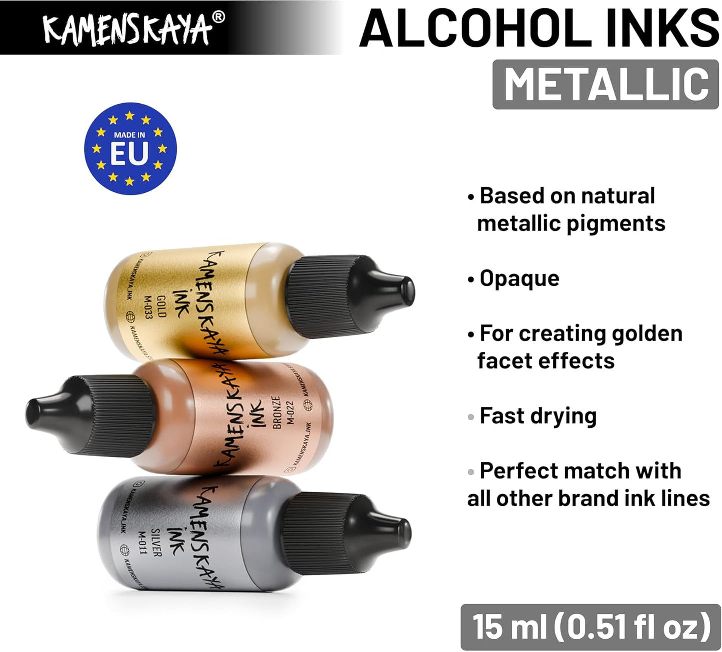 Metallic Alcohol Ink Set: Gold Alcohol Ink, 3 pcs 0.51 fl oz (15 ml) Each