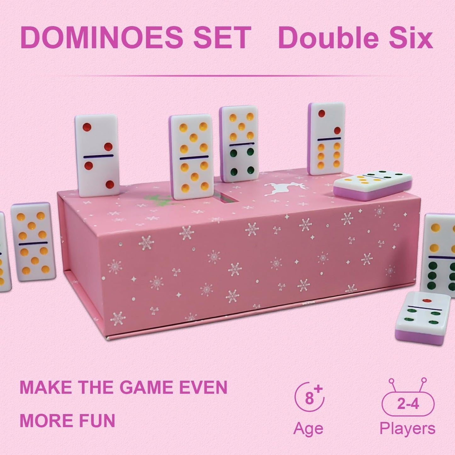 IDTQ Dominoes Set for Adults, Double 6 Dominos Game Set with 28 Domino Tiles Double with Upscale Gift Boxes -7 Polyhedral Dice -Classic Board Games (Pink)