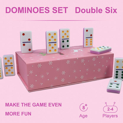 IDTQ Dominoes Set for Adults, Double 6 Dominos Game Set with 28 Domino Tiles Double with Upscale Gift Boxes -7 Polyhedral Dice -Classic Board Games (Pink)