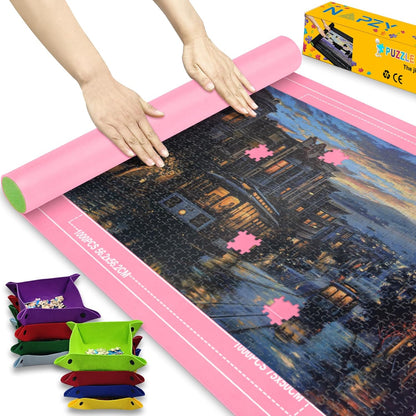Napzy Puzzle Mat Rollup Puzzles Organizer 1500 1000 500PCS Puzzled Mat Pink Has Gift Box Non-Slip Felt Jigsaw Matt Roll Up Puzzling Board for Jigsawn Keeper Saver with 8 Jigsaws Tray