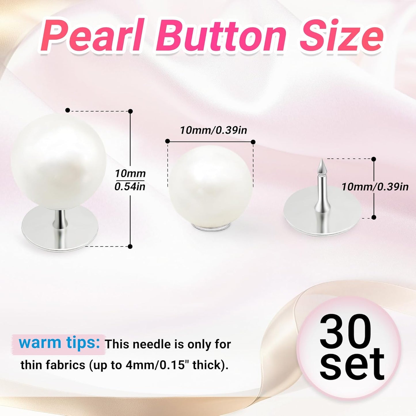 30 Sets Pearl Buttons No Sew Buttons for Clothes, 10mm Pearl Brooch Pins Reusable for Women, White Safety Pins for Dresses, Shirts, DIY Crafts, Fashion Decorative Accessories