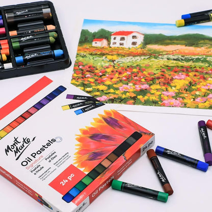 Mont Marte Oil Pastels Signature 24pc, 24 Assorted Colors, Vibrant Oil Pastel Set, Great Blending and Layering, Ideal for Art, Craft, Coloring and Sketching