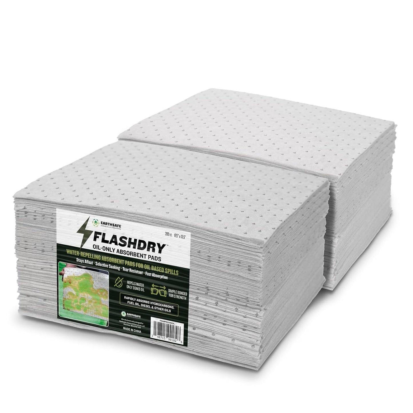 FlashDry Oil Absorbent Pads – High Absorbency of Oil-Based Liquids, Water-Repellent, Tear-Resistant, Premium Mats, Ideal for Garage, Driveway, Automotive, Marine Use, 17.5” x 13.5”, 200 Pads in Total