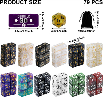 79PCS MTG Dice Counters Bulk Ability Keywords Dice Set, MTG Health Tracker Life Counter Plus 1/+1 Shield Buff Tokens for TCG Magic Card Games Accessories CCG Creature Stats