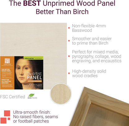 Ampersand Art Supply Unprimed Basswood Artist Panel, 7/8" Cradled Profile, 6"x12"