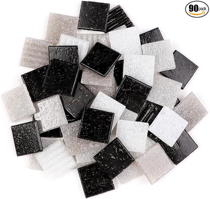 2cm (3/4") Square Vitreous Glass Mosaic Tiles for Crafts Bulk, 1 LB Colorful Mix Quartz Glass Tiles for DIY Art Crafts Kit Adult Kids and Home Deco (Black,White & Grey)