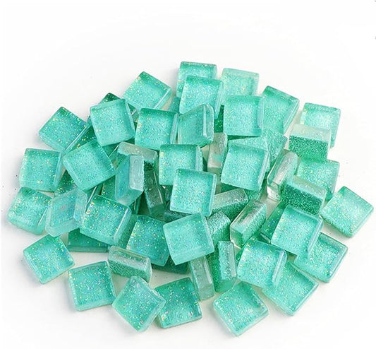 Mosaic Tiles,Glass Tiles, Shine Crystal Mosaic Glass Pieces Bulk Square Glitter Crystal Mosaic Tiles for Home Decoration or DIY Crafts 200g,1x1 cm,Water Blue
