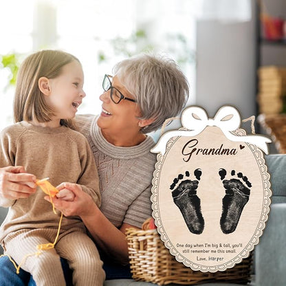 DIY Mothers Day Footprint Craft Wooden Hanging Sign for Grandma Nana Mimi, 3D Baby's First Mothers Day Footprint Memory Keepsake Gift with Bow Poem, Grandma Birthday Gifts from Kid Art Craft Activity