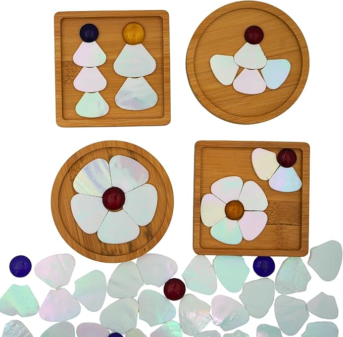 Yuvori Iridescent Flower Mosaic Tiles – 12pcs Mixed Sizes, 5-Petal Iridescent Mica Flowers with Center Beads for DIY Mosaic Art, Fairy Garden, Home Craft, Outdoor Decor (Iridescent White)