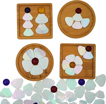Yuvori Iridescent Flower Mosaic Tiles – 12pcs Mixed Sizes, 5-Petal Iridescent Mica Flowers with Center Beads for DIY Mosaic Art, Fairy Garden, Home Craft, Outdoor Decor (Iridescent White)
