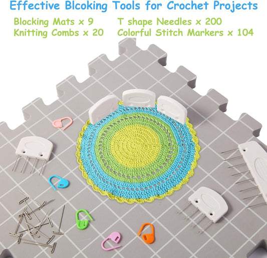 MEVOME Blocking Mats for Knitting with 20pcs Knitting Blockers 200 T-pins 104 Locking Stitch Markers, Extra Thick Block Boards with Grids Storage Bag for Needlepoint Crochet - Pack of 9 (Gray)