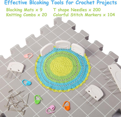 MEVOME Blocking Mats for Knitting with 20pcs Knitting Blockers 200 T-pins 104 Locking Stitch Markers, Extra Thick Block Boards with Grids Storage Bag for Needlepoint Crochet - Pack of 9 (Gray)
