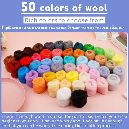IMZAY 50 Colors 5.4 Oz Needle Felting Wool, 3g/Pack Wool Roving Yarn for Beginners, Fiber Wool Roving for DIY Hand Spinning, Felting Crafts, Needle Felt Roving DIY Craft, Black/White 5g Each