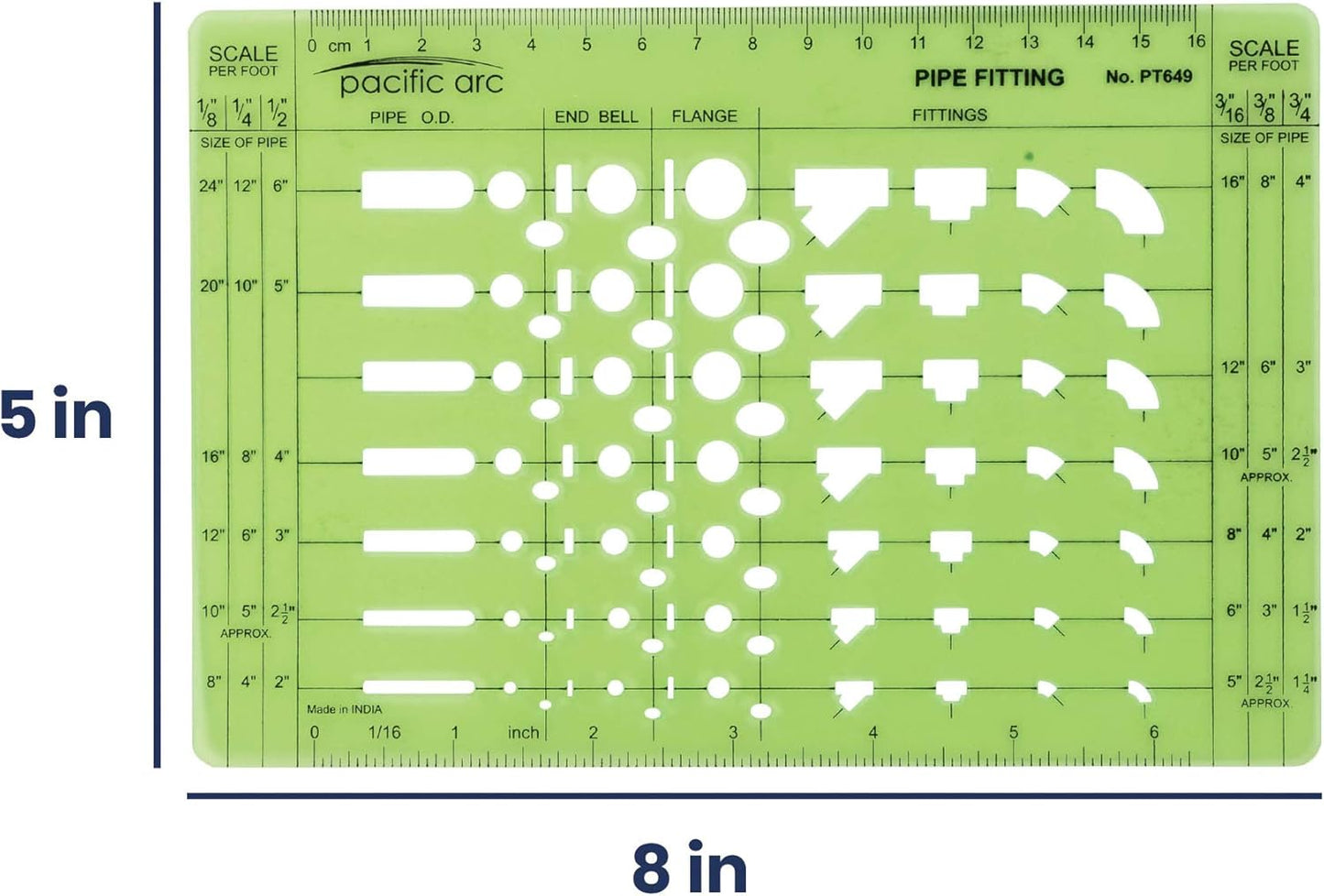 Pacific Arc Pipe Fitting Template Guide, with Pipe O.D., End Bell, Flange, and Fittings