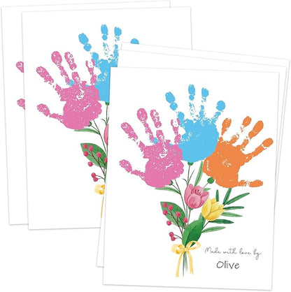 Flower Bouquet Handprint Art Craft Kit Birthday Gifts for Mom & Grandma, 10pcs DIY Baby Hand and Foot Print Greeting Cards, Mothers Day Crafts for Home Party Activities, Newborn Keepsake