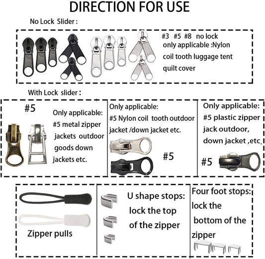 JOSDIOX 255-Piece Zipper Repair Kit – Replacement Sliders (#3, #5, #8), Install Pliers Tool, and Zip Extension Pulls for Jackets, Luggage, Backpacks, Tents, and Sleeping Bags