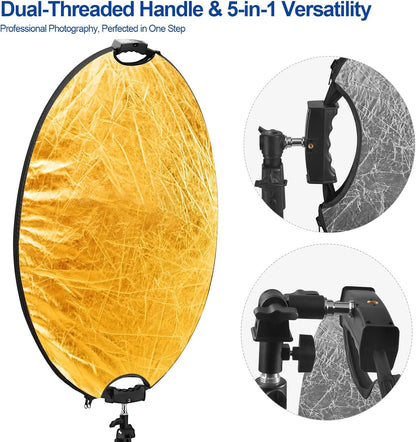 WELLMAKING 32''(80cm) Photography Reflector Dual Handle Collapsible 5-in-1 with Tilt Adapter Reflector, White Portable Stand and Pouch for Studio & Outdoor Lighting-Translucent,Silver,Gold,White&Black