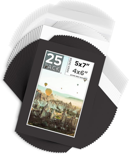 Mat Board Center, Pack of 25, 5x7 for 4x6 Black Mat Kit - Acid Free, 4-ply Thickness, White Core - Includes Backing Boards and Clear Bags - for Pictures, Photos, Framing