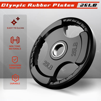 RitFit Olympic Rubber Grip Plates for Barbell, 2-Inch Weight Plates for Weightlifting and Strength Training in Home & Gym, Single, Pair and Sets(2.5/5/10/25/35/45 LB)