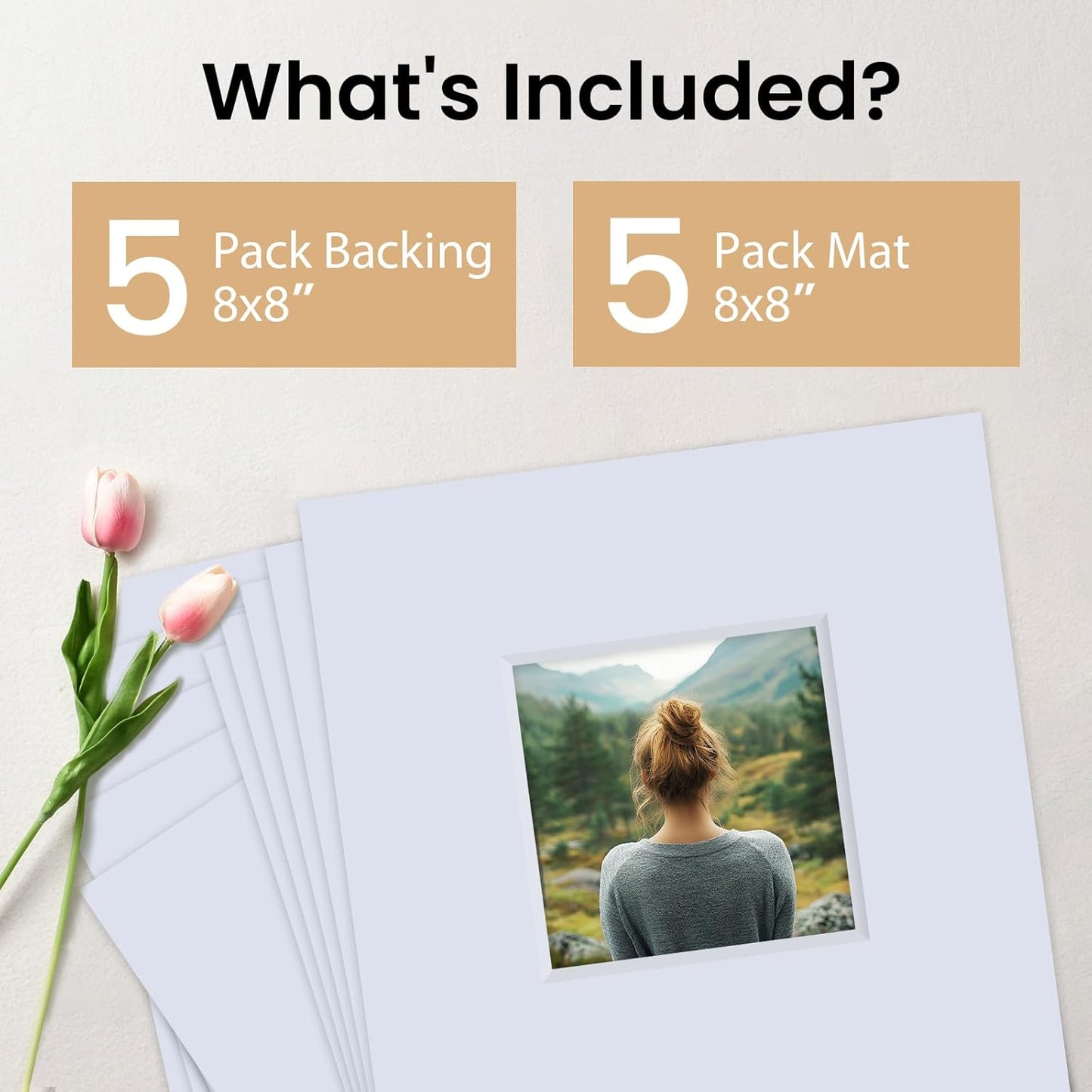 Falling in Art 5 Pack Acid Free 8x8'' White Picture Mats Board Show Kit for 4x4'' Photos, 4-Ply Beveled Pre-Cut Photo Mats with Backing Board for Frames, Artwork and Prints