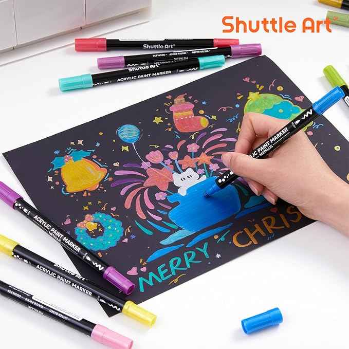 28 Metallic Colors Dual Tip Acrylic Paint Markers, Dot Tip and Fine Tip Acrylic Paint Pens for Rock, Ceramic, Wood, Canvas, Plastic, Glass, Stone, Calligraphy, Card Making, Crafts & Nail Art