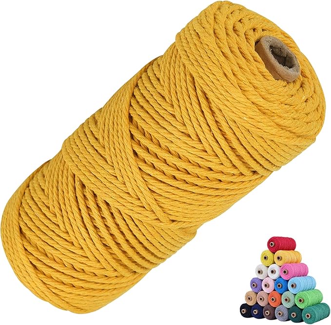 Macrame Cotton Cord 3mm x 109Yards, Yellow Natural Macrame Rope, Perfect Macrame Supplies Cotton Cord for Macrame Plant Hangers DIY Crafts (Yellow, 3mm*109Yards)