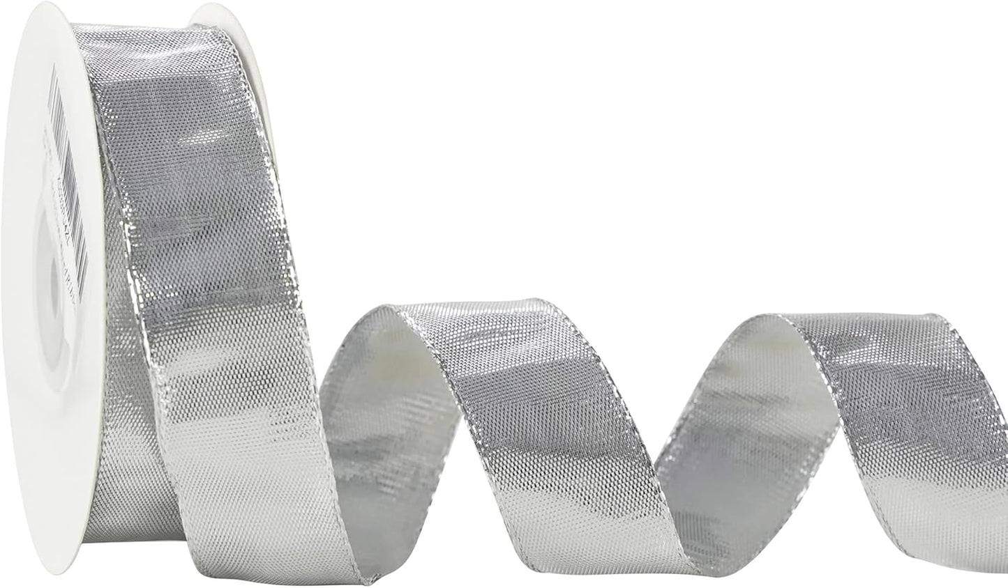 MEEDEE Silver Wired Woven Metallic Ribbon - 1 inch Silver Wired Ribbon for Gift Wrapping, Gift Bows, DIY Crafts, Graduation Baskets, Wedding, Party Decorations (25 Yards) - Crafty Corner