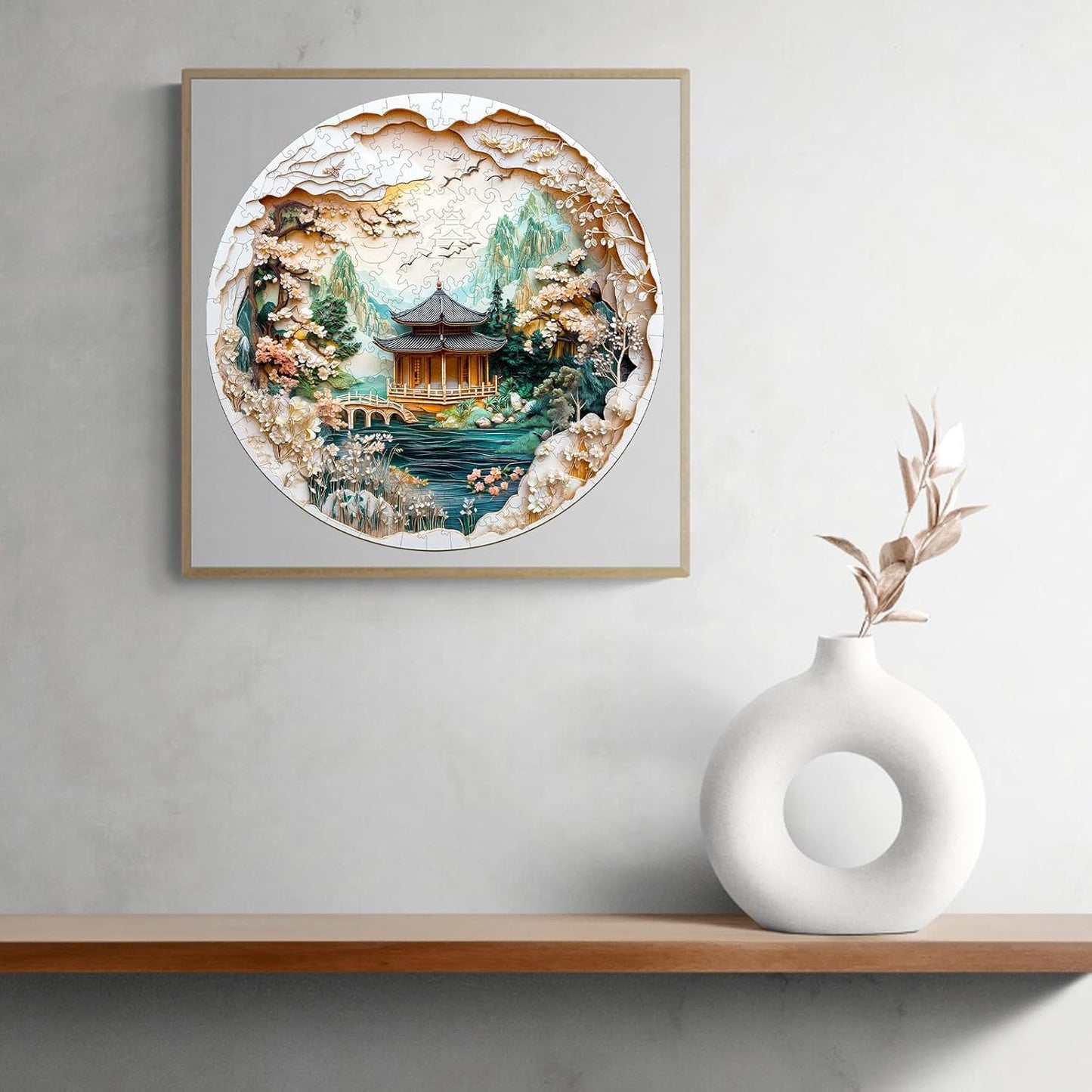 KAAYEE Wooden Puzzles for Adults, 3D Visual Effect Chinese Landscape Painting Wooden Jigsaw Puzzle Unique Shape Wood Puzzle Adult, 3D Effect Flat Puzzle Birthday Family Games (M-11.4*11.4 in-200pcs)