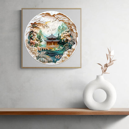 KAAYEE Wooden Puzzles for Adults, 3D Visual Effect Chinese Landscape Painting Wooden Jigsaw Puzzle Unique Shape Wood Puzzle Adult, 3D Effect Flat Puzzle Birthday Family Games (L-13.4*13.4 in-285pcs)