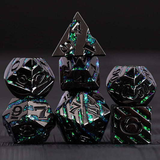 Metal Stripe Dice,Solid Metallic Glitter Stripes DND Dice with Gift Metal Box for Dungeons and Dragons Tabletop Game (Black Nickel Dark Green)