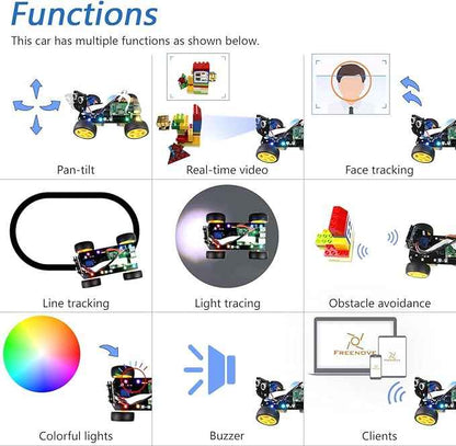 Freenove 4WD Smart Car Kit for Raspberry Pi 5 4 B 3 B+ Zero 2 W, Face Tracking, Line Tracking, Light Tracing, Obstacle Avoidance, App Control, Camera, Servo (Raspberry Pi NOT Included)