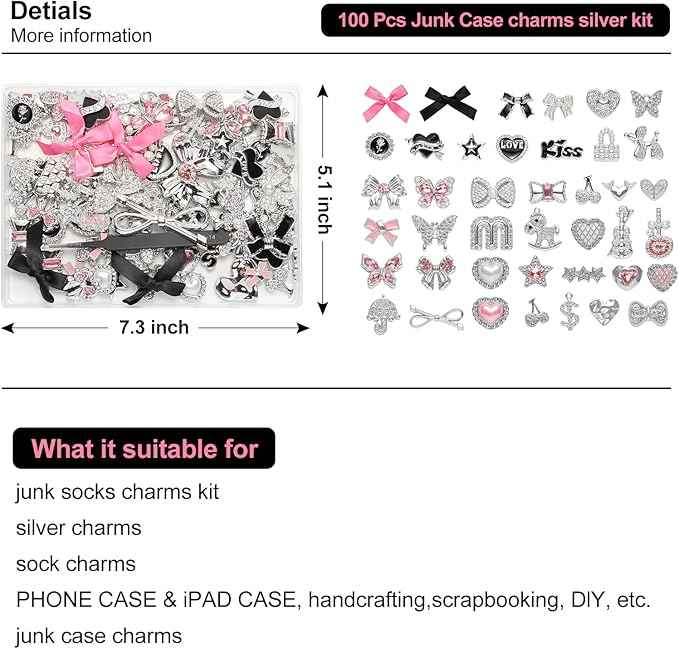 100 Pcs Bling Flat Back Junk Charm Kit for Junk Socks/Shoes/Phone Cases/Bracelets & DIY Accessories, Including Silver and Pink Bows/Hearts/Stars/Rhinestone Charms, Great Christmas Gift Idea for Girls