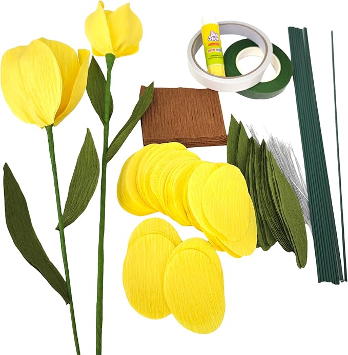 Yellow Crepe Paper Tulip Bouquet for Home Decor Table Centerpieces DIY Flower Making Kit with Floral Tape & 12 Wire Stems
