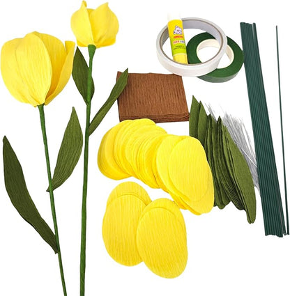 Yellow Crepe Paper Tulip Bouquet for Home Decor Table Centerpieces DIY Flower Making Kit with Floral Tape & 12 Wire Stems