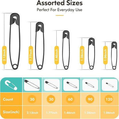Safety Pins Assorted, 340 Pack Small & Large Heavy Duty Safety Pins for Clothes Sewing, 5 Different Sizes Pin Bulk, Arts and Crafts Supplies, Black
