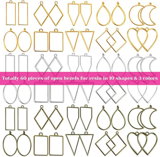 Shynek 60Pcs Hollow Frame Pendants - Resin Craft Bezels Jewelry Molds for Necklaces and Earrings Making Supplies