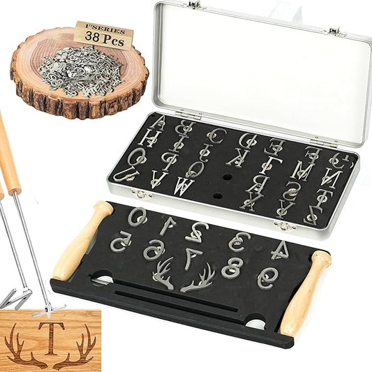 ZAGEVIVIN 38 Pcs Mini 1" Branding Iron for Wood Leather Hats- Personalized Wood Burning, Leather Crafting & Food Marking for DIY BBQ， Witchcraft Supplies(38PCS Number/Alphabet/Antlers Set)