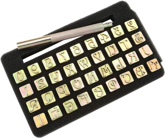 Yoption 37 Pieces Leather Stamping Tool Set, 26 Letters Alphabet & 10 Numbers Stamps Steel Punch Tool 9mm + 1 Stamping Handle for Leather Craft
