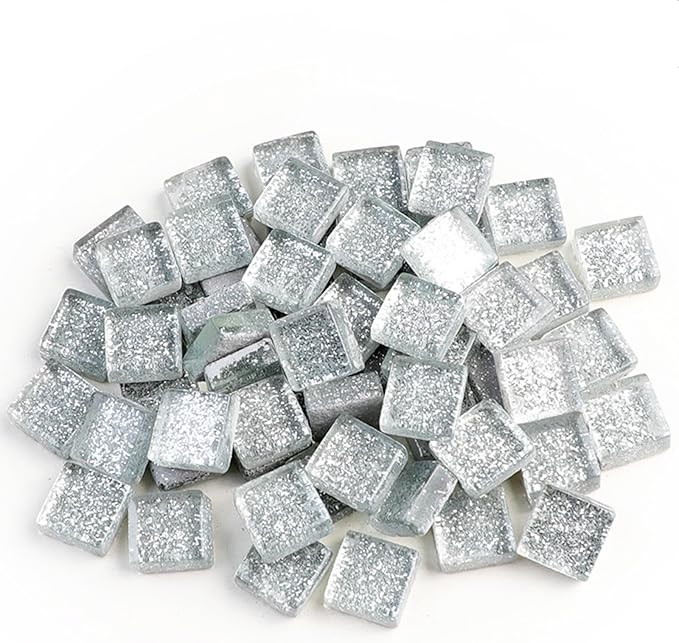 Mosaic Tiles,Glass Tiles, Shine Crystal Mosaic Glass Pieces Bulk Square Glitter Crystal Mosaic Tiles for Home Decoration or DIY Crafts 200g,1x1 cm,Siliver